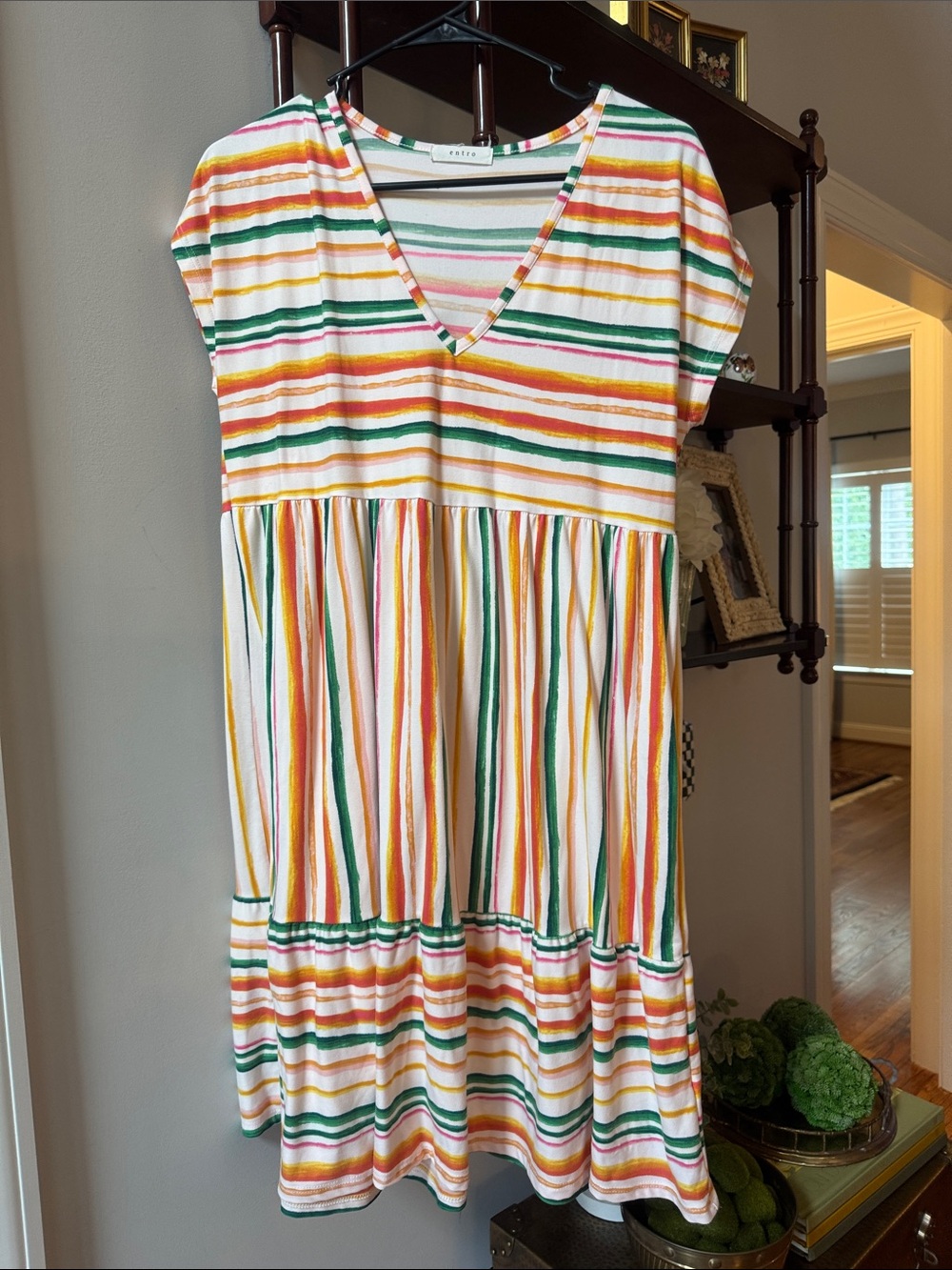 entro White Dress with Green, Yellow and Pink Stripes